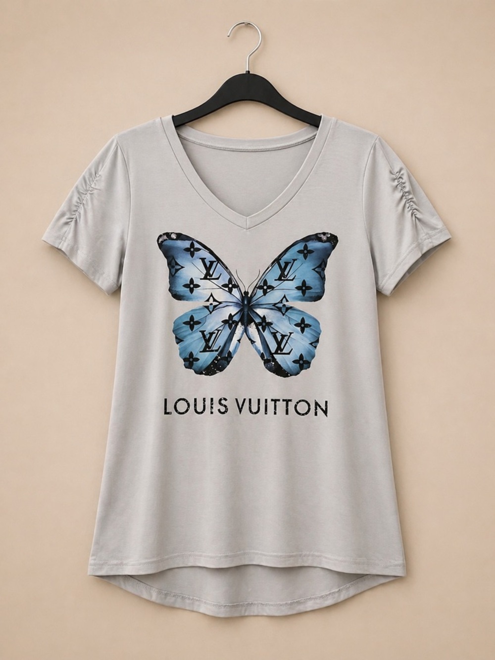 Light Gray V-Neck Tee with Blue Butterfly Graphic